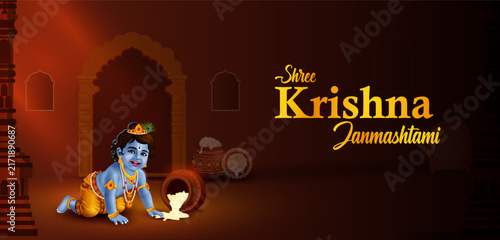 Happy Krishna Janmashtami Horizontal Banner with Baby Krishna and Festive Indian Decorations