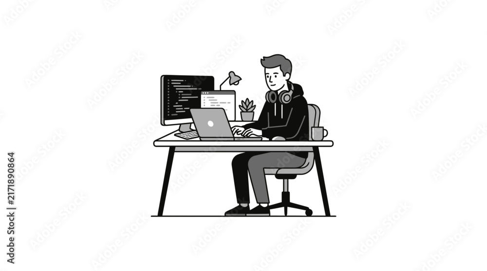 Fototapeta premium Freelancer using laptop with headphones.