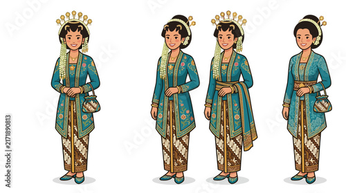 Four women wearing traditional Indonesian kebaya and sarong attire.
