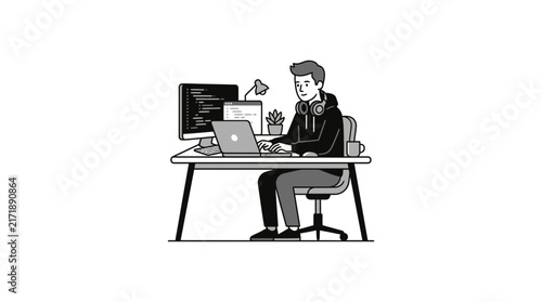 Freelancer using laptop with headphones.