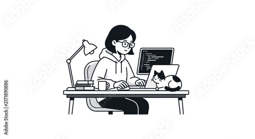 Freelancer working at desk with cat pet.