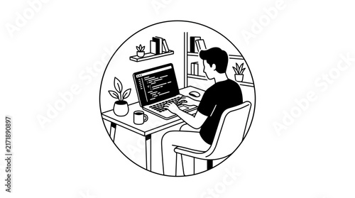 Freelancer working on laptop in cozy circular frame illustration.