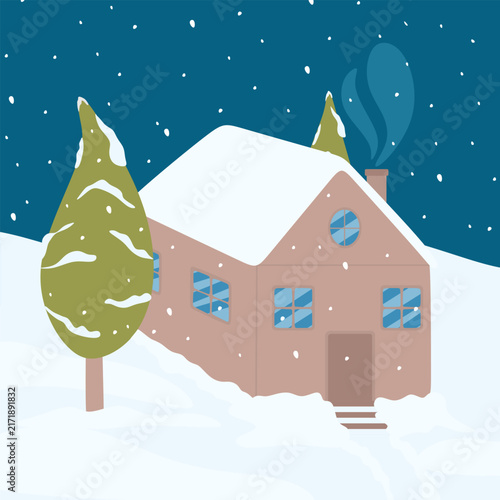 Winter house with snowy roof and chimney with Christmas or pine trees around the house. Countryside neighborhood in cold winter season, snowfall. Colored flat vector illustration