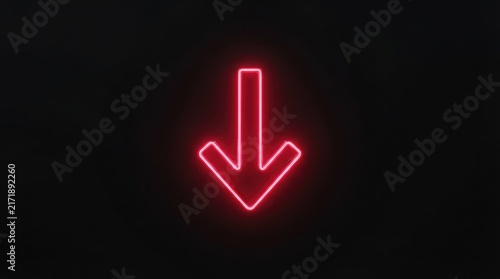 Neon Glowing Red Arrow Sign Pointing Downwards Against A Dark Moody Background Representing Digital Navigation Or A Directional Indicator Concept