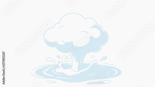 Cute cartoon illustration of a fluffy white cloud splashing into blue water with dynamic droplets and ripples