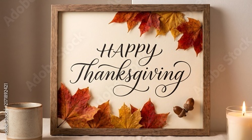 Happy thanksgiving framed autumn typography poster with colorful maple leaves and candles