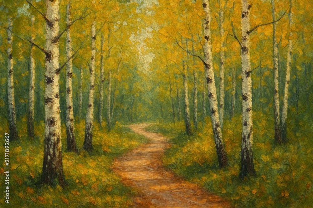 Naklejka premium Serene autumn forest path painting.