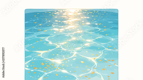 Serene Blue Water Surface with Golden Sunlight Sparkles and Floating Leaves