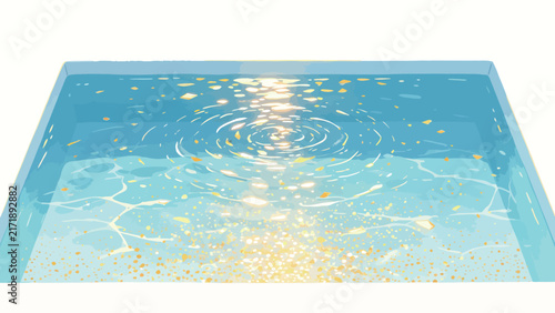 Golden Sparkles Floating in Crystal Clear Water Pool with Ripples and Sunlight Reflections