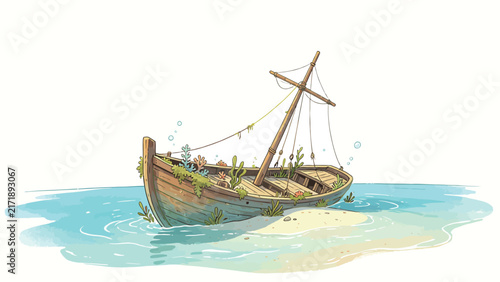 Watercolor illustration of a sunken wooden boat wreck on a sandy beach with seaweed and bubbles