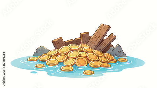 Cartoon Treasure Chest with Gold Coins and Wooden Debris Floating in Water