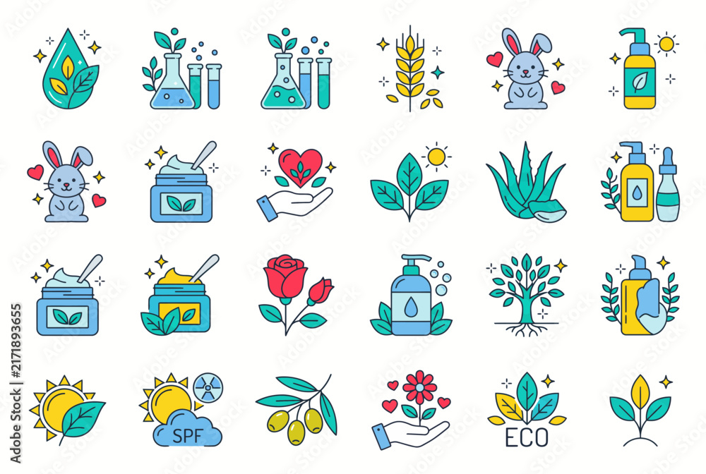 Naklejka premium Organic Skincare and Natural Beauty Icon Set for Eco Friendly Cosmetic Branding