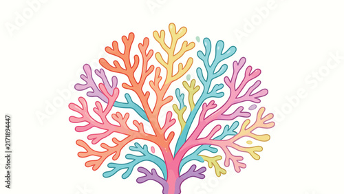 Vibrant colorful coral reef illustration with rainbow branches, whimsical underwater art style, vector