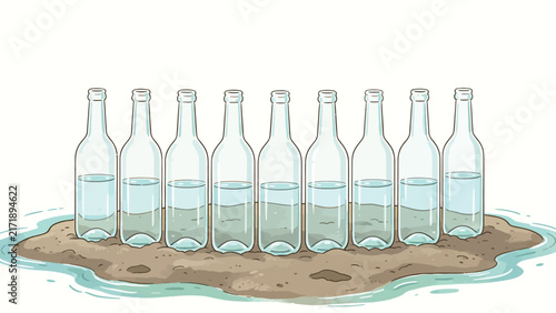 Hand-drawn illustration of nine glass bottles filled with water on sandy beach surrounded by gentle waves