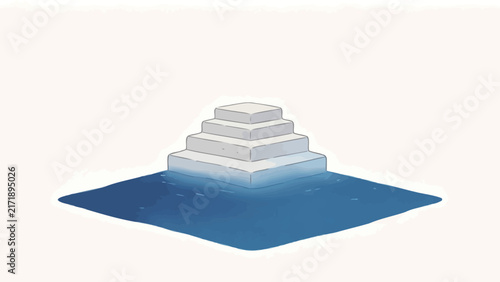 Minimalist illustration of a white stepped pyramid structure emerging from deep blue water on a clean white