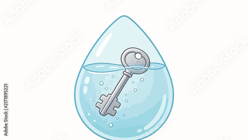 Silver key submerged inside a large translucent blue water droplet with bubbles and ripples