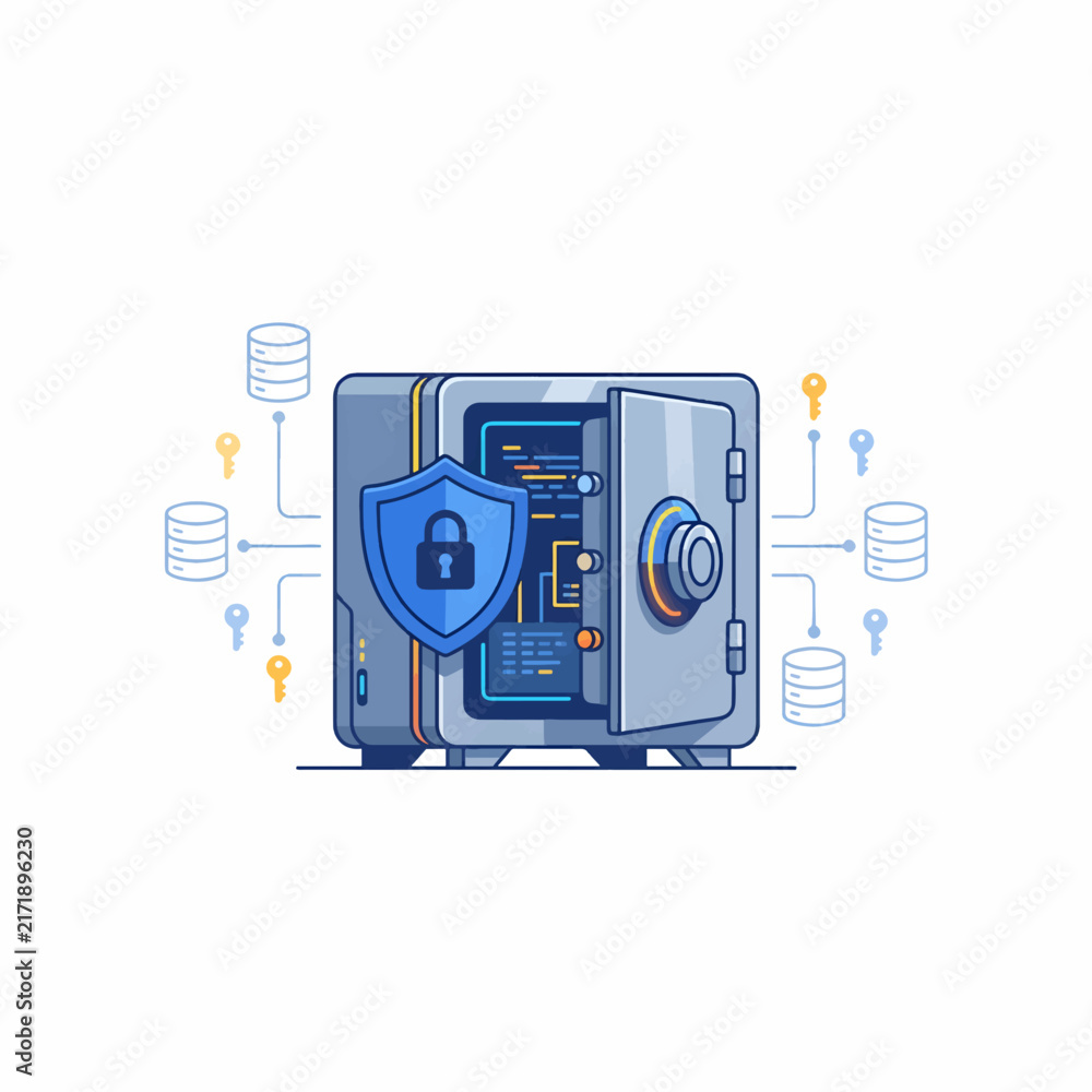 Fototapeta premium Data Protection Concept Flat Vector Illustration with Biometric Digital Vault and Shield Lock