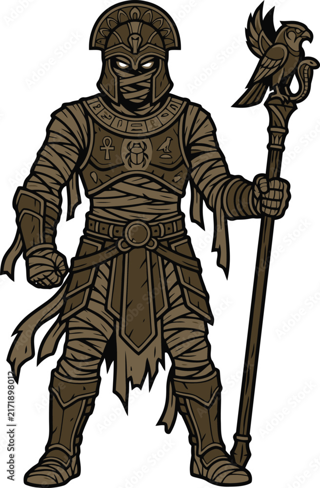 Fototapeta premium Ancient Egyptian mummy warrior holding a staff with a falcon topper.