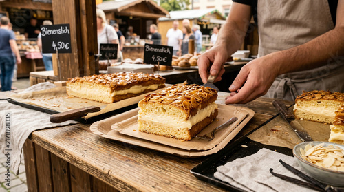 Professional Baker Slicing Fresh Homemade Cream Cake at a Traditional Outdoor Market Stall