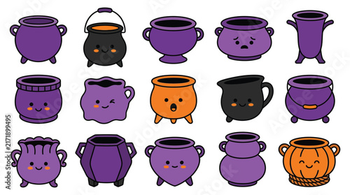 Collection of cartoon cauldrons in various colors and expressions vector illustration pot cooking vessel witchcraft