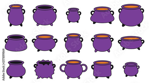 Collection of purple cauldrons in varying sizes and fills a vector illustration cauldron pot cooking
