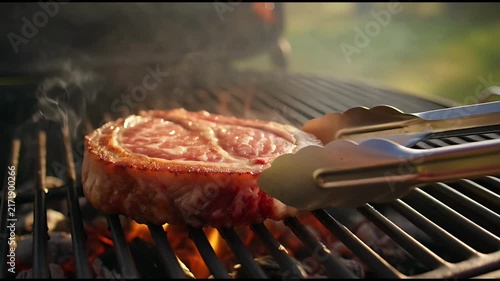 A delicious raw steak is being grilled on a hot barbecue. The steak is thick cut with marbling and is being held with tongs. Flames and smoke are rising from the grill, creating a mouthwatering scene