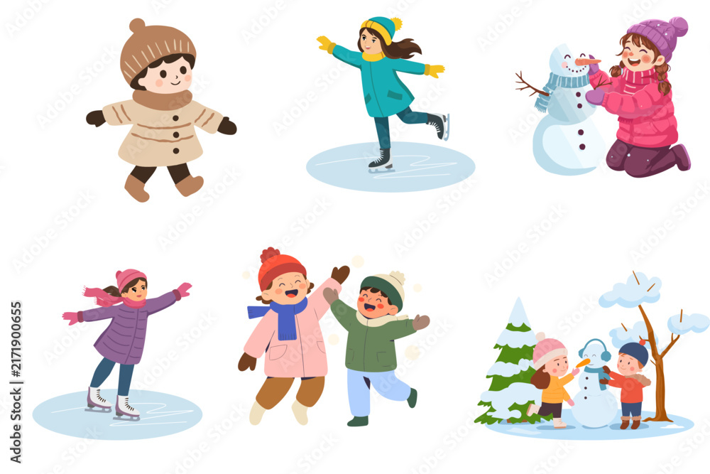 Obraz premium Happy kids playing in winter snow vector illustration.