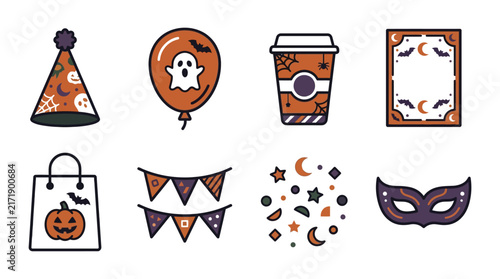 Halloween themed icons depict party hats balloons and spooky decorative elements celebration festive decorations costume