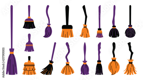 Collection of stylized broom illustrations in purple and orange hues arranged in various poses witchcraft