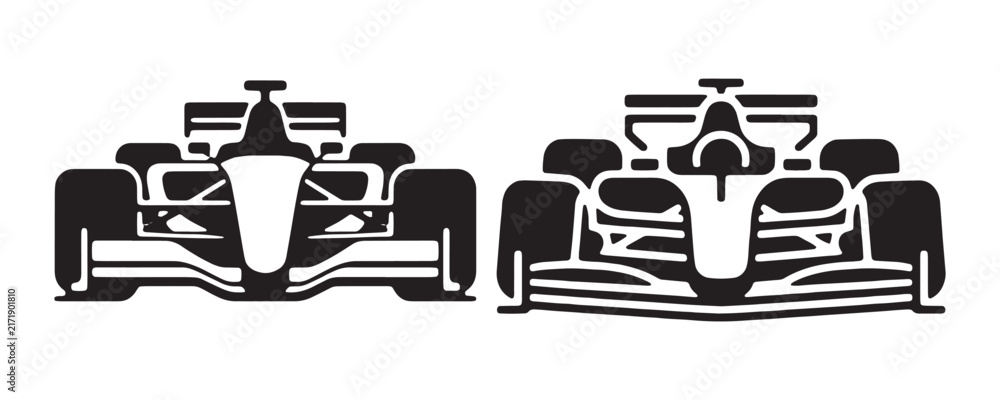 Fototapeta premium Formula one racing car front view vector set with black minimalist silhouettes for motorsport design.