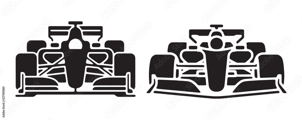 Naklejka premium Front view formula one car black silhouette icon set, racing competition symbol vector.