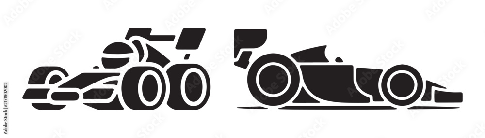 Fototapeta premium Side view formula one race car black silhouette icon set, speed sport symbol vector.