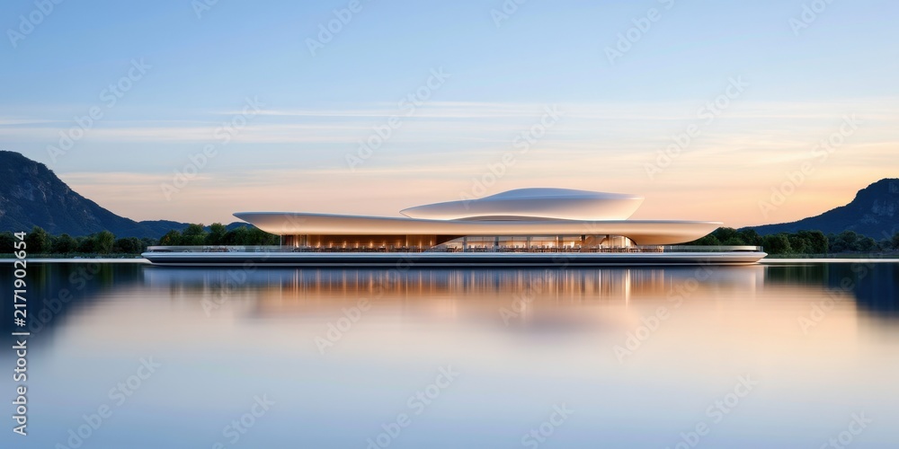 Fototapeta premium Contemporary floating restaurant on a calm lake, innovative hospitality architecture, mountain reflections, sunset