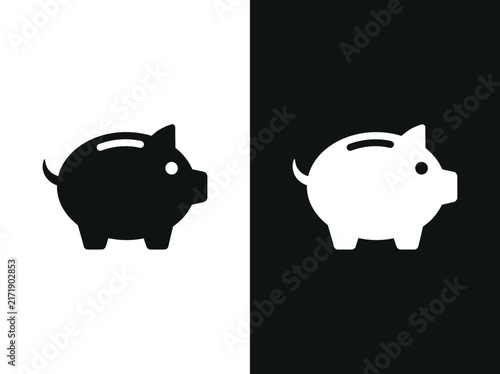 Piggy bank silhouette outline and black fill icon set with silhouette currency investment