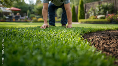 Backyard Lawn Care: A person's hands are shown close to the ground, ready to lay down a new patch of sod in a well-maintained backyard garden, highlighting home improvement and gardening.