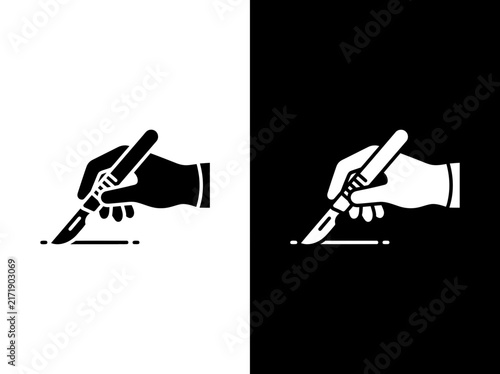Hand holding surgical scalpel outline and black fill icon set with incision hospital operation