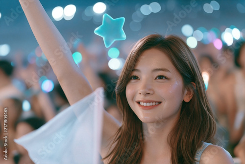 Korean kpop female idol waving performance flag with holographic cheering star icon at concert showing encore excitement and summer stage energy