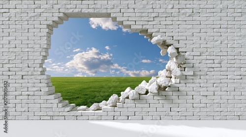 White brick wall broken open to landscape