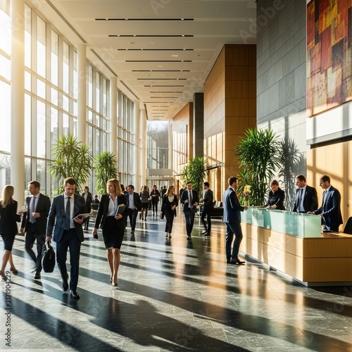 Busy corporate lobby with people walking and reception desk.