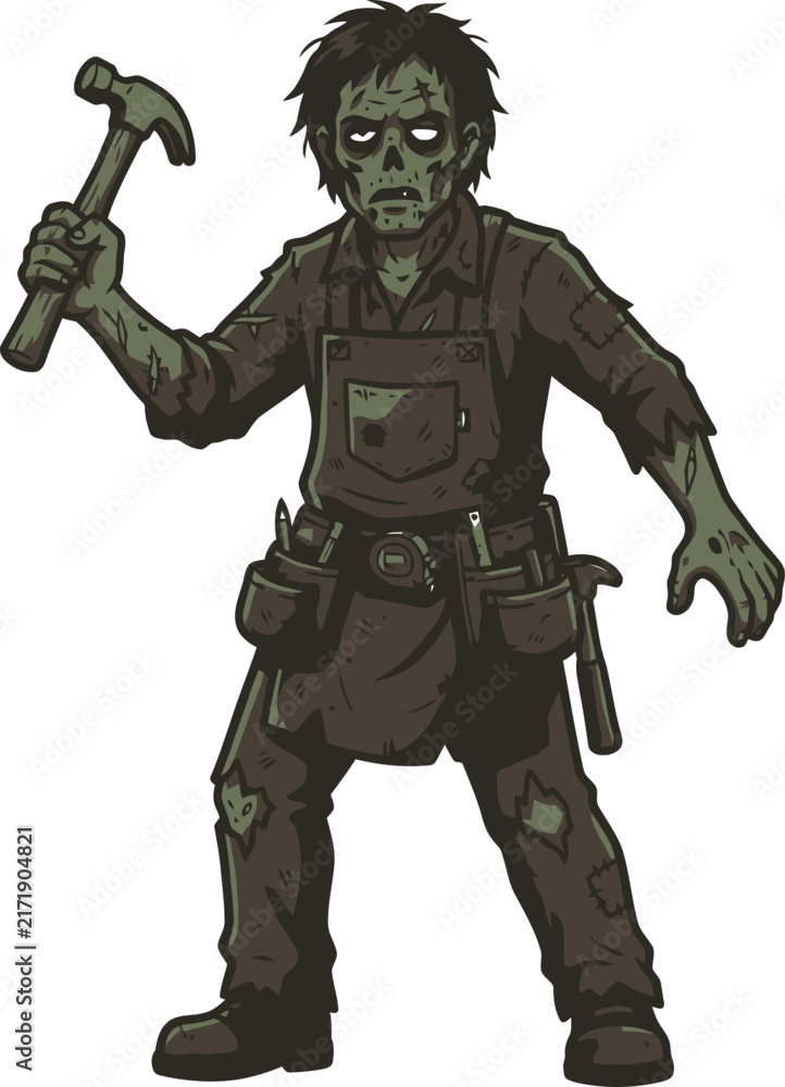 Obraz premium A cartoon illustration of a zombie construction worker holding a hammer.