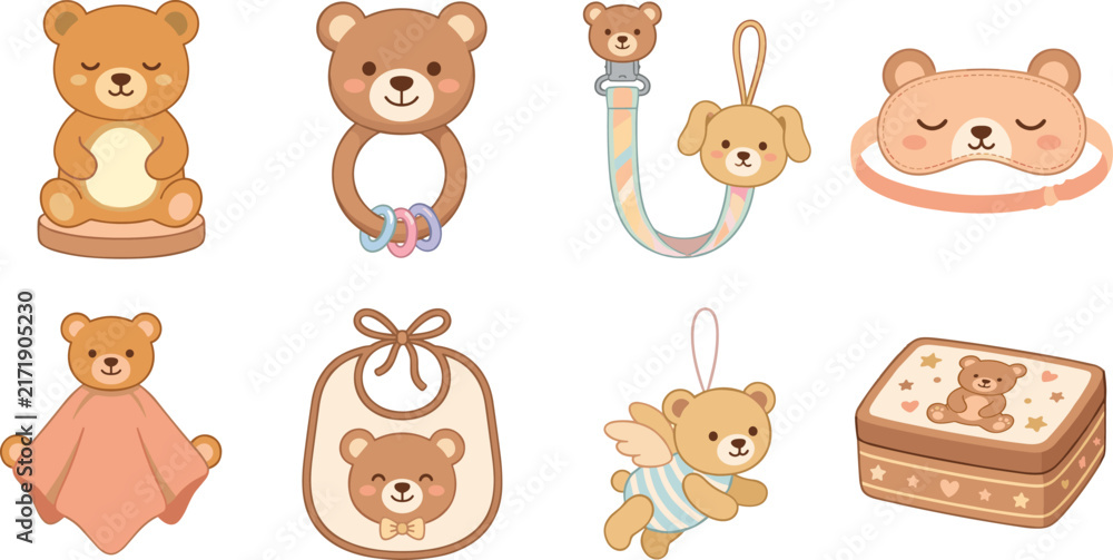 Fototapeta premium Cute Teddy Bear Baby Accessories Collection with Rattles Pacifiers Sleep Mask Bibs Toys and Keepsake Box