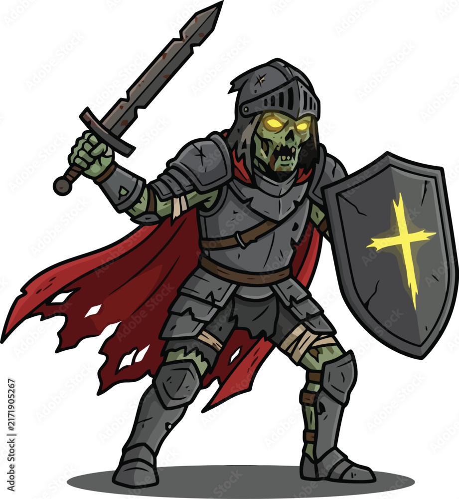 Obraz premium An armored undead skeleton warrior wielding a sword and shield with a tattered red cape.
