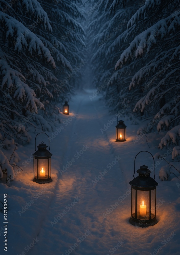 Fototapeta premium Serene snowy lantern path