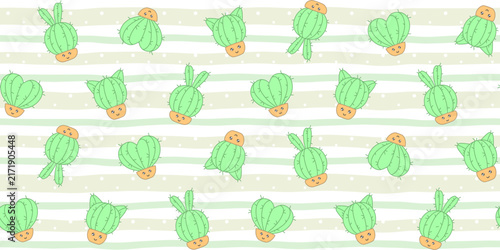 Cacti in the shape of a heart, a rabbit and a cat with funny faces on a striped background with dots. Kids endless texture with plant characters in cute flower pots. Vector seamless pattern for print