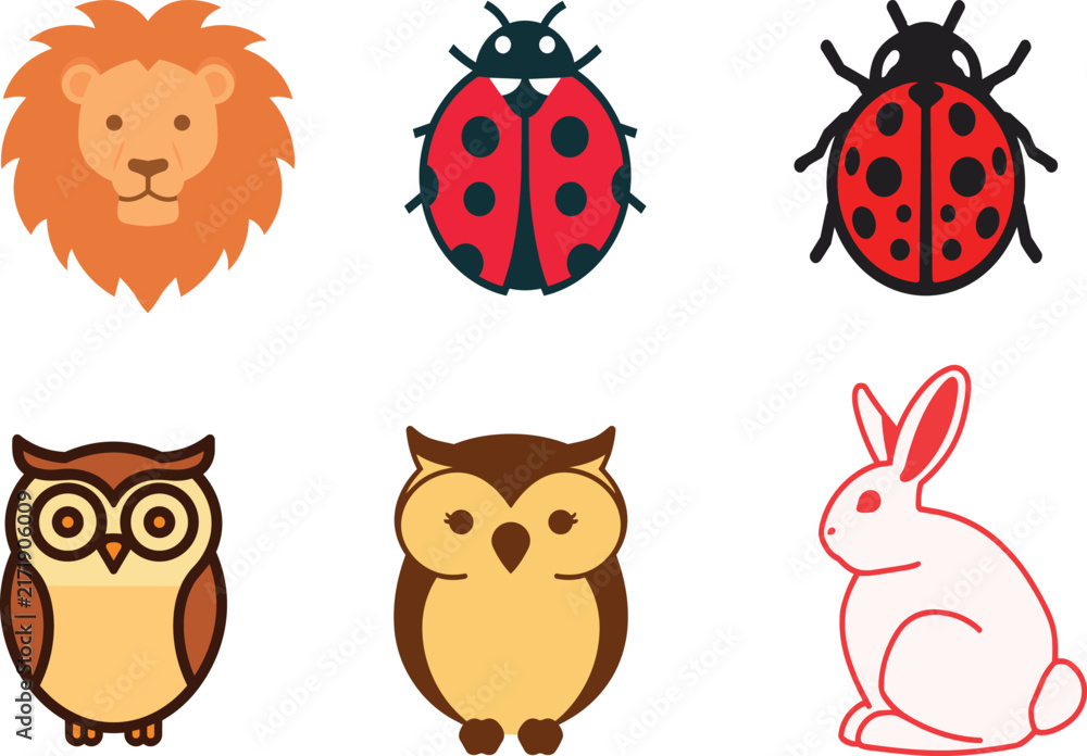 Fototapeta premium Flat cute animal vector icon set featuring lion, ladybug, owl, and rabbit graphics for children app UI layout