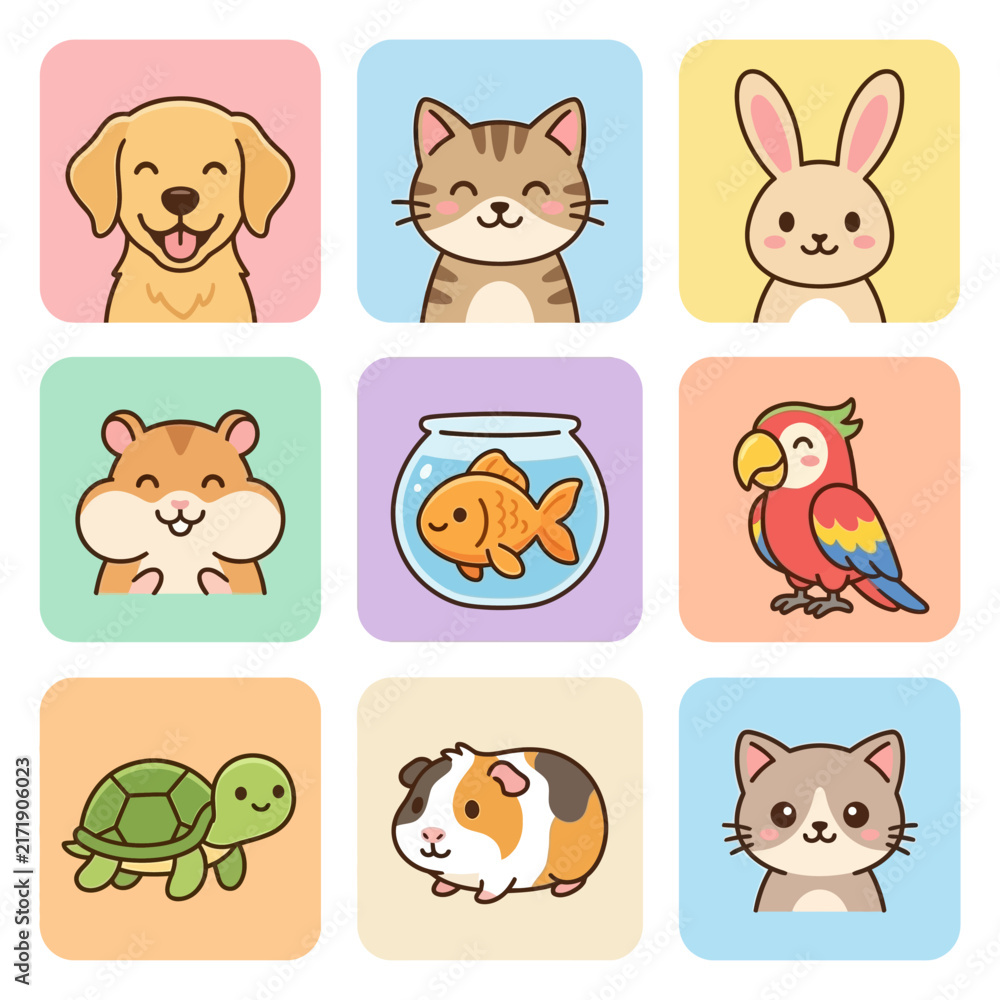 Fototapeta premium Cute pets smiling in colorful icons set for kids education and web