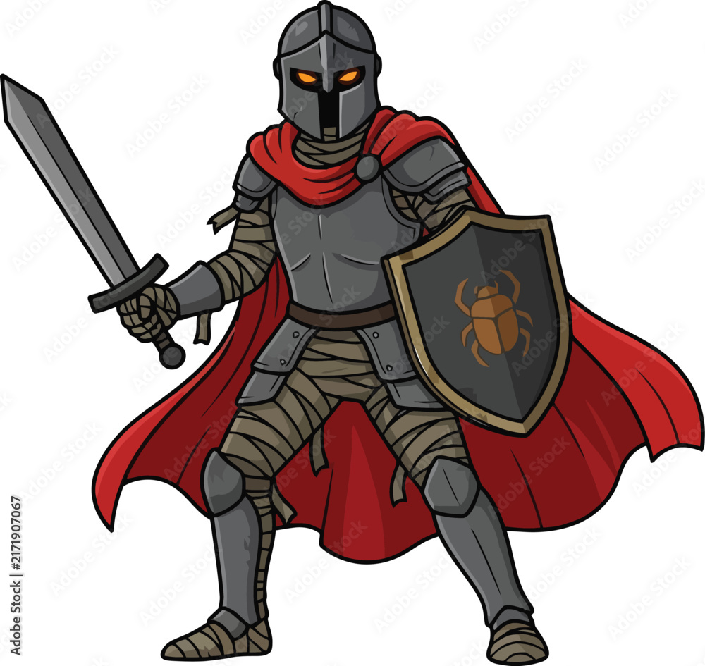 Obraz premium A formidable armored warrior wielding a sword and a scarab shield.