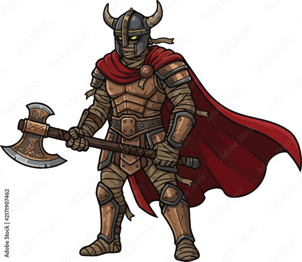Obraz premium A fierce armored Viking warrior holding a large battle axe with a flowing red cape.