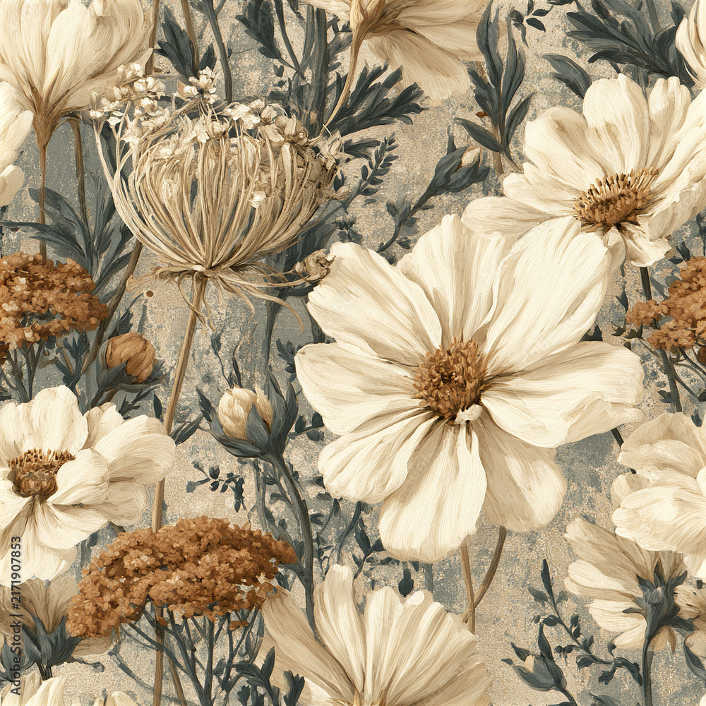 Fototapeta premium Vintage floral pattern with large cream flowers and dried brown blooms on textured muted background, evoking calm and elegance