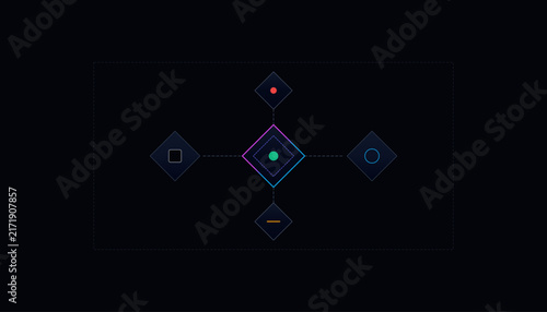Futuristic geometric interface icon set. Neon diamond shapes with glowing dots. Cyberpunk vector symbol for technology, blockchain, and data connection. Abstract digital graphic.